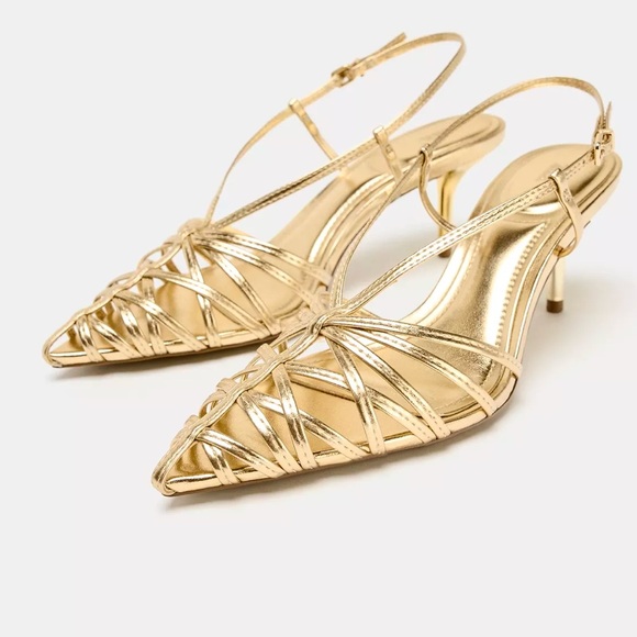 Zara Shoes - ZARA Metallic Effect Heeled Slingbacks